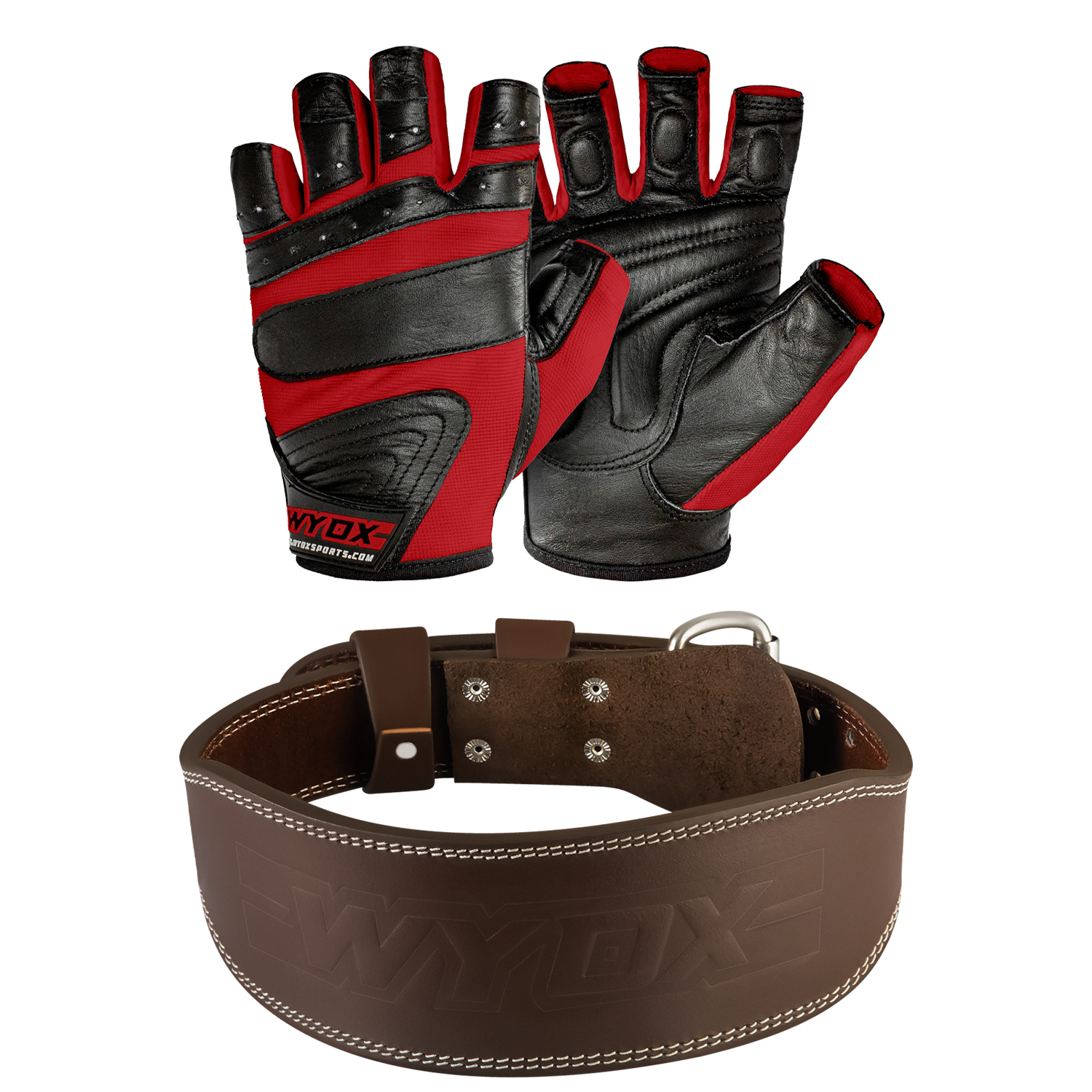 Brown Gym Belt Red Gym Gloves Bundle - Main Image