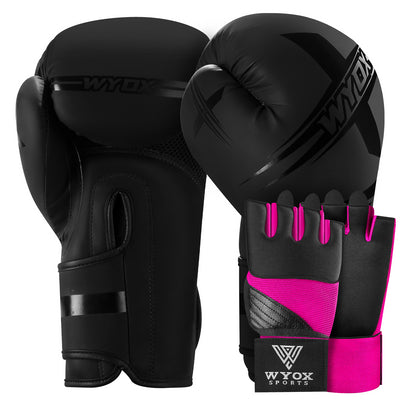 Black Boxing Gloves + Pink Neoprene Wraps Bundle