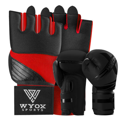 Black Boxing Gloves + Red Neoprene Wraps Bundle