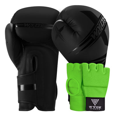 Black Boxing Gloves + Green Gel Hosiery Gloves Bundle